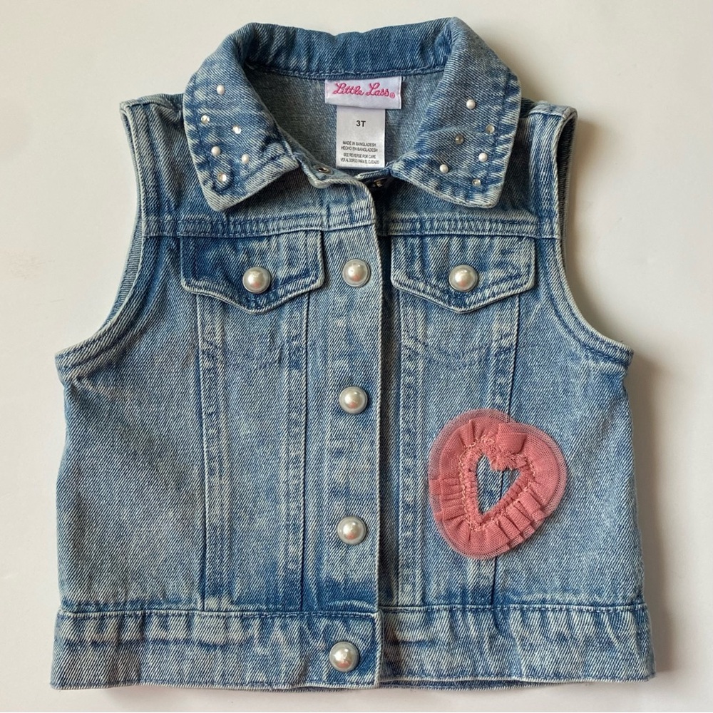 Little Lass Girls Denim Vest Size 3T Pink Heart Accent Front Back Jeans Pearl